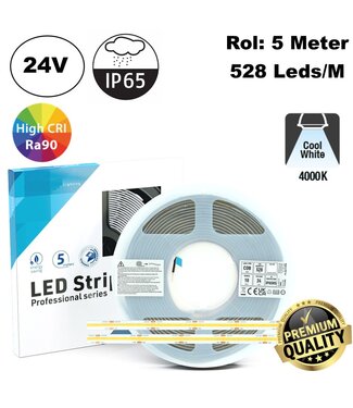 Premium Led Strip ROL 5 Meter COB, CRI90, 10w/m, 528 led/m, 900Lm/m, 4000K Neutraal wit, 24v, IP65, 10mm, 3 Jaar garantie